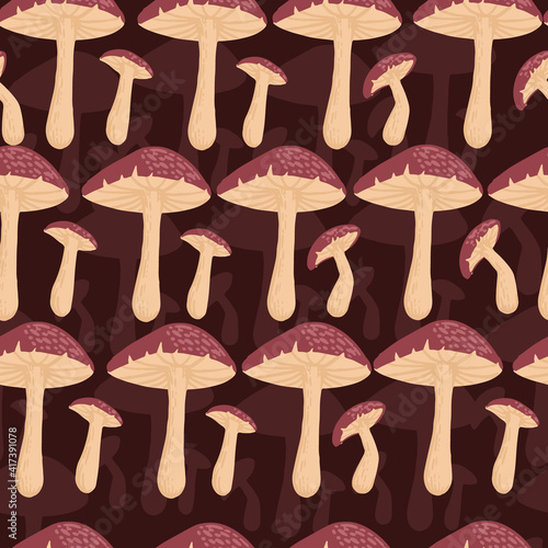 Seamless pattern red dotted poison mushrooms growth in forest vector illustration