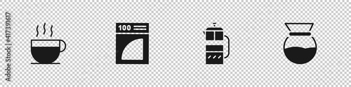 Set Coffee cup, paper filter, French press and Pour over coffee maker icon. Vector.