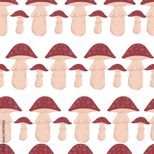 Seamless pattern red dotted poison mushrooms growth in forest vector illustration on white background