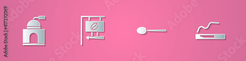 Set paper cut Manual coffee grinder, Street signboard, Spoon and Cigarette icon. Paper art style. Vector.