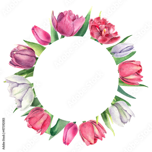 Wallpaper Mural Wreath of watercolor blossom tulips on white background Torontodigital.ca