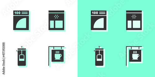 Set Street signboard coffee, Coffee paper filter, French press and Bag beans icon. Vector.