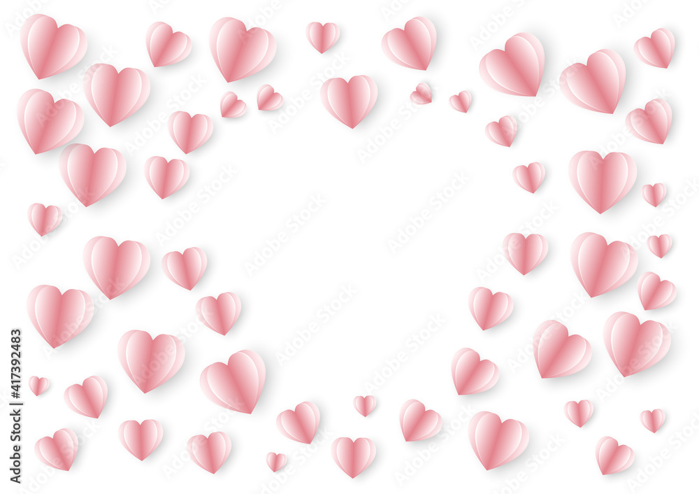 Paper cut design elements in shape of heart flying on white background. Vector symbols of love for Happy Valentine's Day, birthday greeting gift card design.