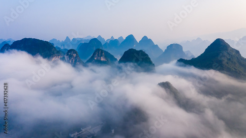 Fotografie Guilin,Guangxi,China karst mountains on the Li River.Aerial view.