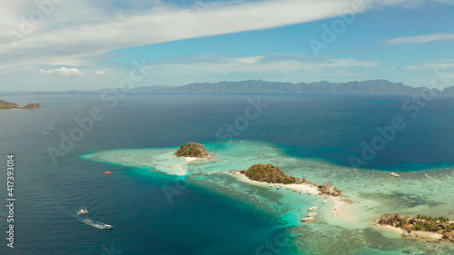 Wallpaper Mural aerial seascape bay with tropical island and sand beach, turquoise water and coral reef. Bulog Dos, Philippines, Palawan. tourist boats on coast tropical island. Torontodigital.ca