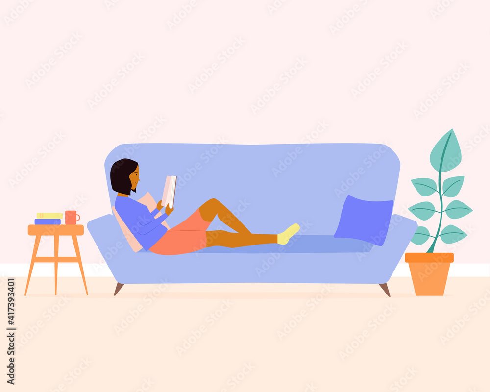 Obraz premium Young black skin woman laying on the sofa and reading book at home. Self education, distance studying, relaxing concept. Modern vector illustration in cartoon flat style