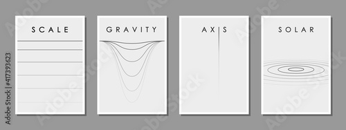 Set of minimalist black and white design for the cover of a scientific conference and other events, vector. Research accuracy, coordinate axes, gravity, astronomy.