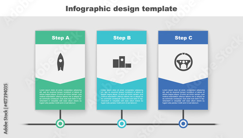 Set Surfboard, Award over sports winner podium and Steering wheel. Business infographic template. Vector.
