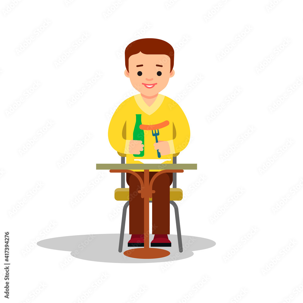 Man eating sausage and beer. Boy sits at the table and holds in hands a bottle and a snack. A Guy at lunch at the cafe. Flat isolated illustration on a white background. Color image Man eating sausage and beer. Boy sits at the table and holds in hands a bottle and a snack. A Guy at lunch at the cafe. Flat isolated illustration on a white background. Color image
