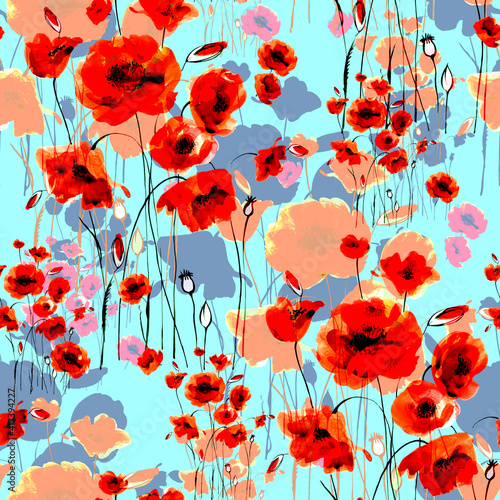  Abstract floral seamless pattern painted by brush field poppies
