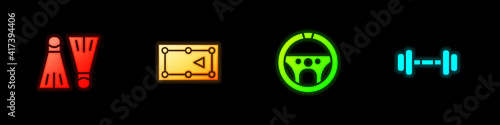 Set Rubber flippers for swimming, Billiard table, Steering wheel and Dumbbell icon. Vector.