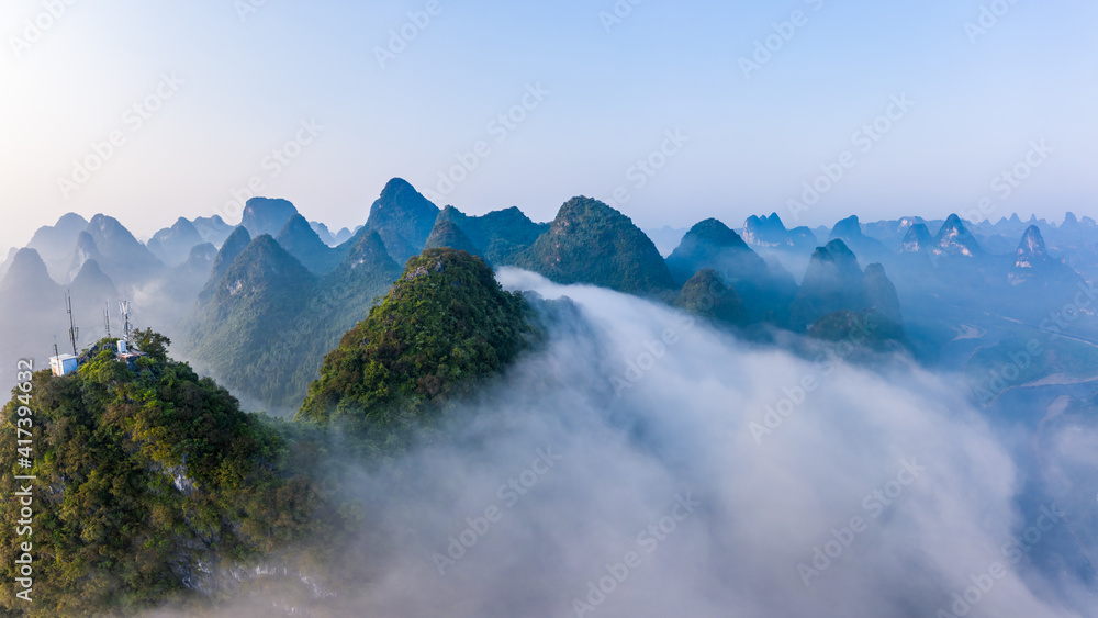 Guilin,Guangxi,China karst mountains on the Li River.Aerial view.