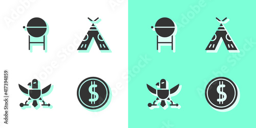 Set Coin money with dollar, Barbecue grill, Eagle and Indian teepee or wigwam icon. Vector.