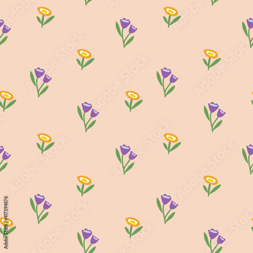 Wallpaper Mural Spring or summer botanical seamless pattern. Stylized flowers, tulips and peonies in a clearing. The concept of ecology and conservation. For paper, cover, fabric, gift wrap. Vector illustration Torontodigital.ca