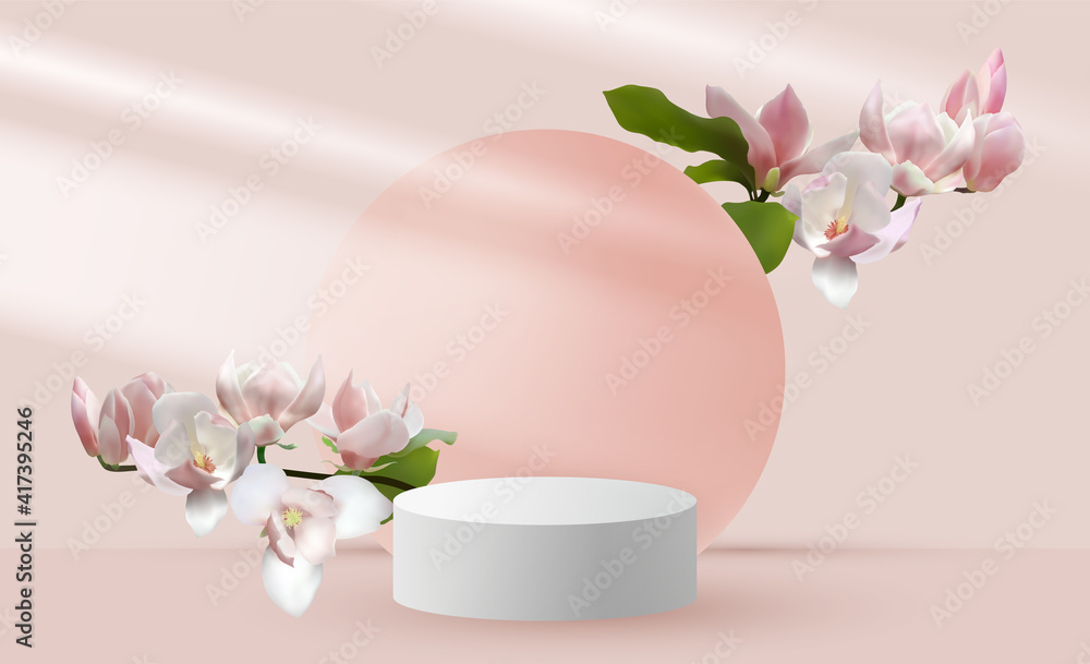 Magnolia branches vernal flower tree blossom and 3d pink scene rendering with podium. Magnolia branches vernal flower tree blossom and 3d pink scene rendering with podium.