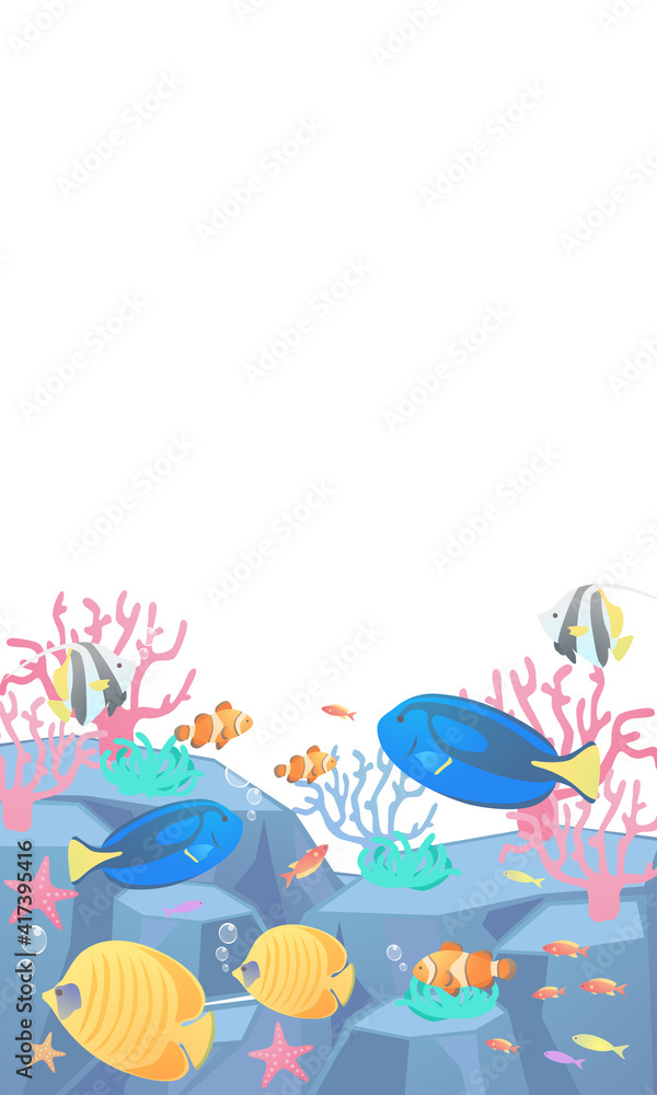 夏の海の熱帯魚のベクターイラストフレーム(コピースペース、バナー)