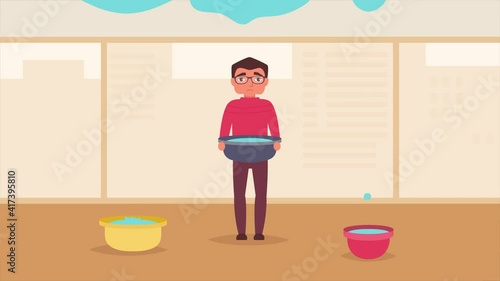 Leaking roof animation. A man stands with a bucket of water 2D