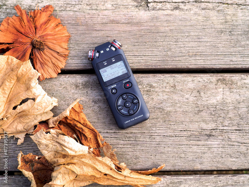 Tableau sur toile Registratore vocale per video asmr con sfondo in legno e foglie autunnali