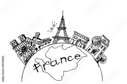 Hemisphere of the globe and sights of France. Buildings and architecture, symbols of France. Vector illustration.