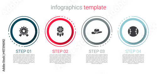 Set Medal with star, Dream catcher feathers, Western cowboy hat and Baseball ball. Business infographic template. Vector.