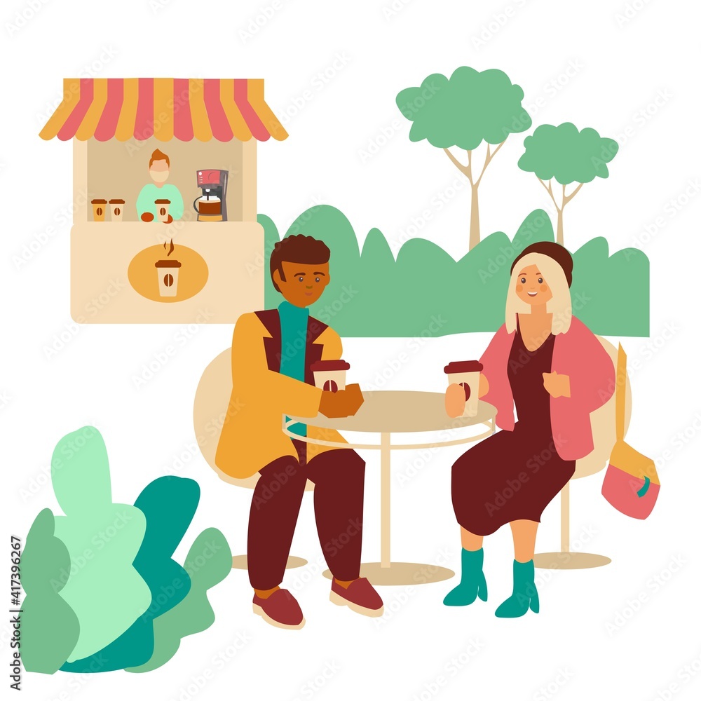 Interracial Young couple drink coffee in cafe in park Coffee kiosk Flat illustration Interracial Young couple drink coffee in cafe in park Coffee kiosk Flat illustration