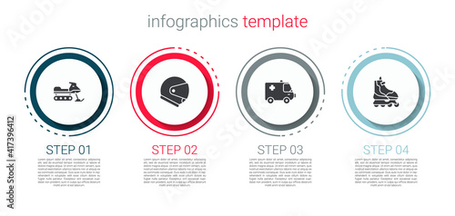 Set Snowmobile, Helmet, Ambulance and emergency car and Roller skate. Business infographic template. Vector.