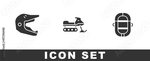 Set Motocross motorcycle helmet, Snowmobile and Rafting boat icon. Vector.