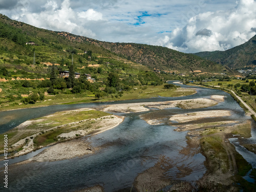 landscape with river and mountains in Bhutan