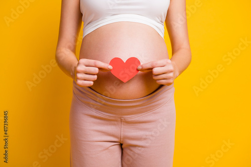 Wallpaper Mural Cropped view of nice affectionate healthy pregnant woman holding in hands small heart sign isolated on bright yellow color background Torontodigital.ca
