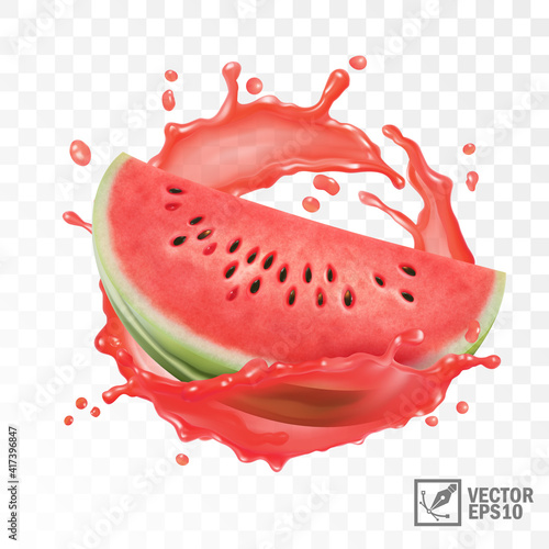 3d realistic transparent isolated vector, half of watermelon in a splash of juice with drops