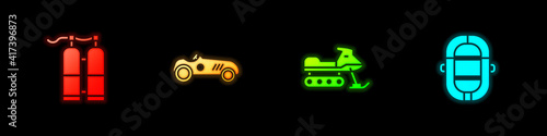 Set Aqualung, Vintage sport racing car, Snowmobile and Rafting boat icon. Vector.