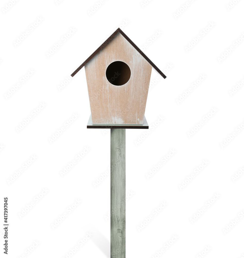 Beautiful wooden bird box isolated on white Beautiful wooden bird box isolated on white