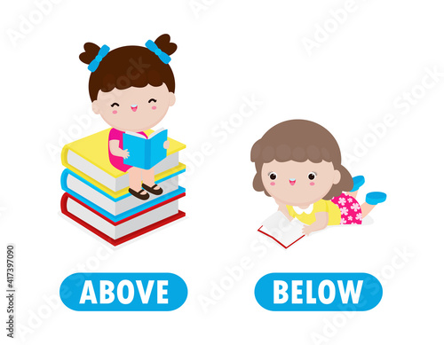 Words above and below with cartoon characters cute kids reading book, opposite word antonym for children Flat vector illustration isolated on white background