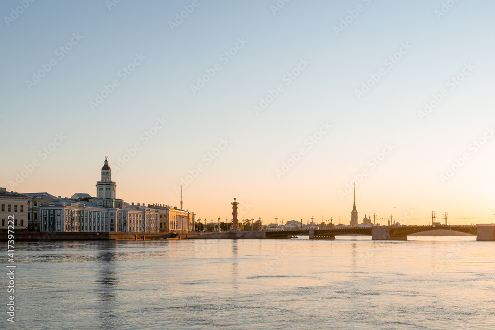 Saint Petersburg, Russia. - July 13, 2020 View of the beautiful panorama of the city with the Neva River and historical buildings in the white nights during dawn.