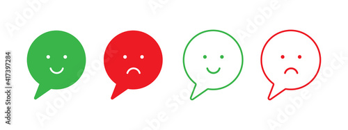 Bad and Good Feedback emoji icons. Positive and Negative review sign. Happy and Sad smile.