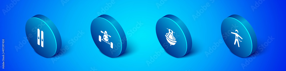 Set Isometric Ski and sticks, Jet ski, Bungee jumping and ATV motorcycle icon. Vector. Set Isometric Ski and sticks, Jet ski, Bungee jumping and ATV motorcycle icon. Vector.