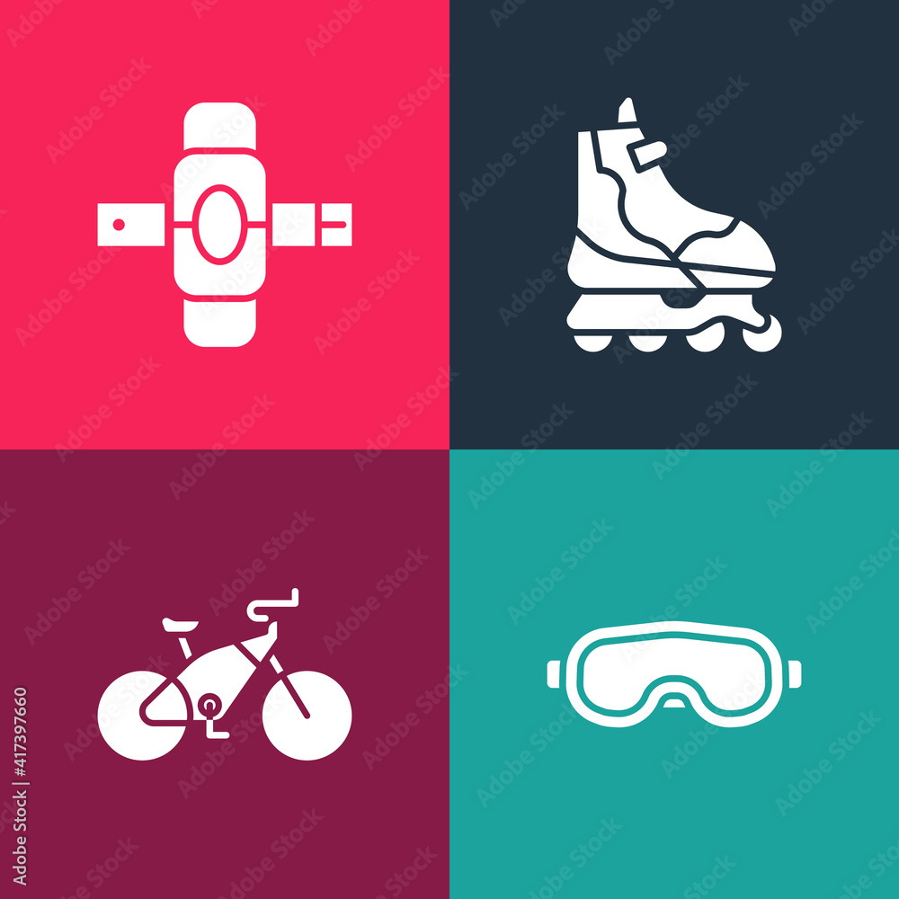 Set pop art Ski goggles, Bicycle, Roller skate and Knee pads icon. Vector. Set pop art Ski goggles, Bicycle, Roller skate and Knee pads icon. Vector.