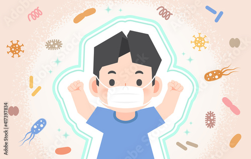 A strong healthy asian boy being protected from Viruses, Bacteria, Dust, Smoke, Germs With a mask illustration vector. Health Care Concept.