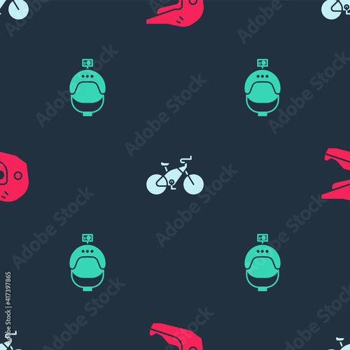 Set Motocross motorcycle helmet, Bicycle and Helmet and action camera on seamless pattern. Vector.