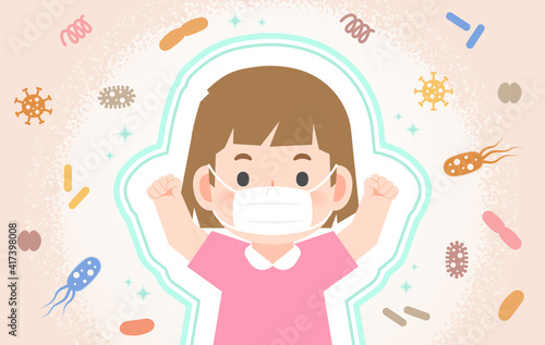 A strong healthy girl being protected from Viruses, Bacteria, Dust, Smoke, Germs With a mask illustration vector. Health Care Concept.