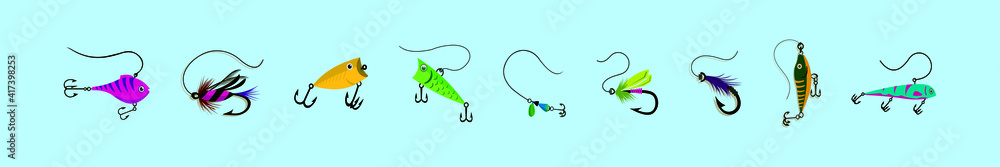 set of fishing cartoon icon design template with various models. vector illustration isolated on blue background set of fishing cartoon icon design template with various models. vector illustration isolated on blue background