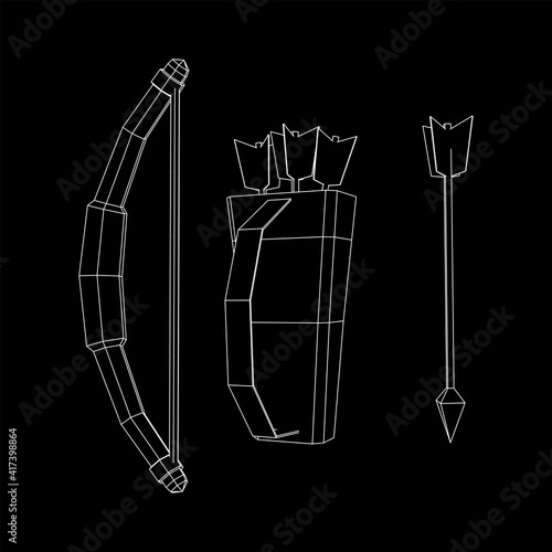 Medieval Bow and arrow archer weapon. Wireframe low poly mesh vector illustration.