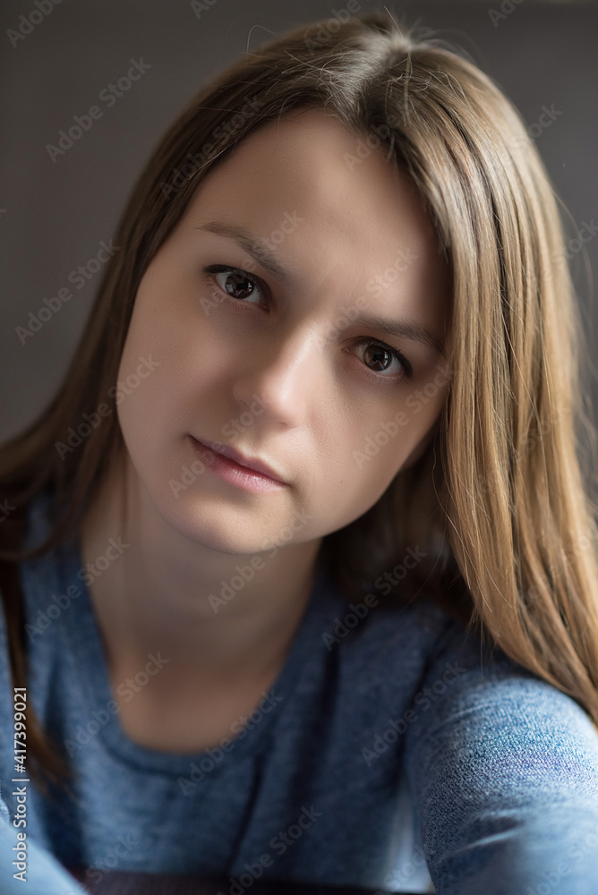 Portrait of a young beautiful girl with big eyes, close-up. Portrait of a young beautiful girl with big eyes, close-up.