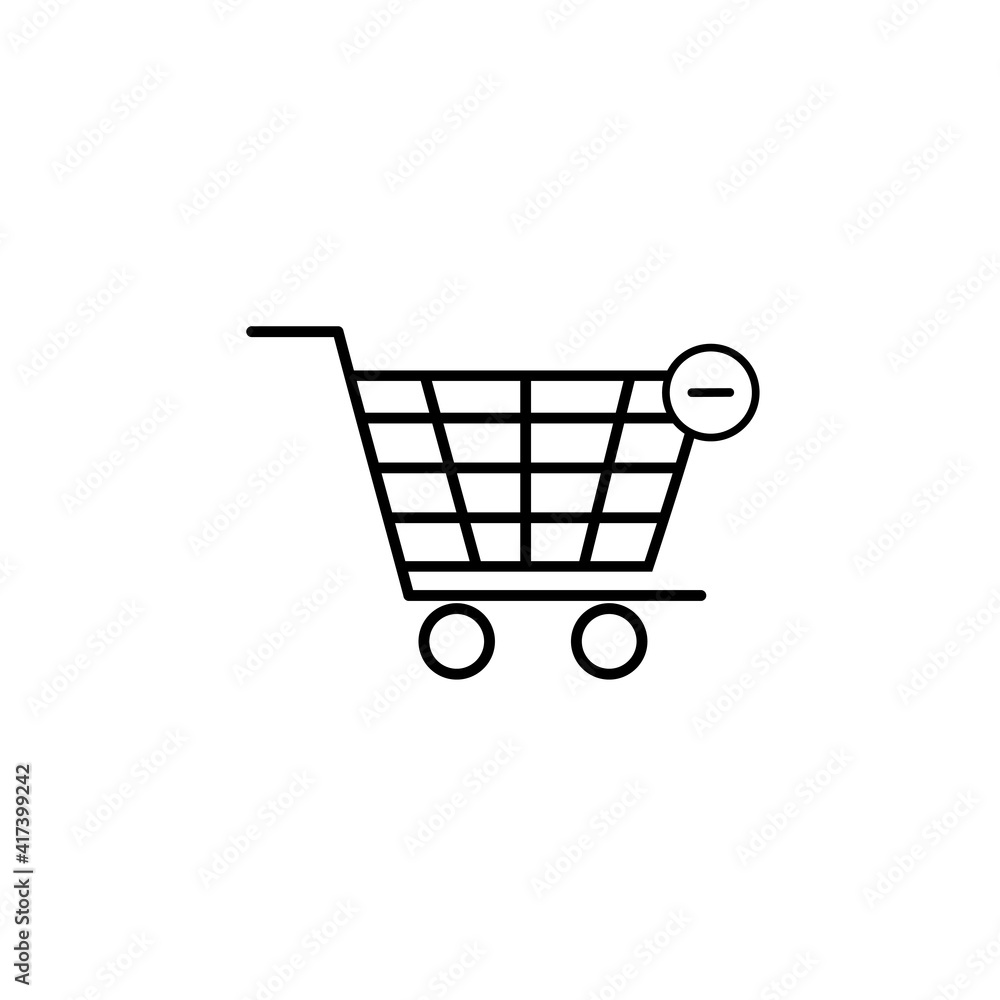 Shopping cart icon with minus. Remove from cart. E-commerce sign. Graph symbol for your web site design, logo, app, UI. Vector illustration, EPS10. Shopping cart icon with minus. Remove from cart. E-commerce sign. Graph symbol for your web site design, logo, app, UI. Vector illustration, EPS10.