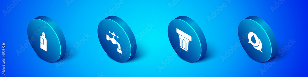Set Isometric Bottle of water, Glass with, Water drop speech bubbles and tap icon. Vector. Set Isometric Bottle of water, Glass with, Water drop speech bubbles and tap icon. Vector.