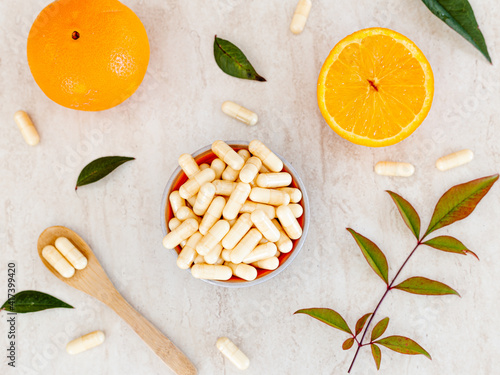 Vitamin C capsules for the immune system. Homeopathic medicines and remedies. Dietary supplement against viruses and flu