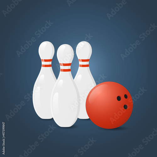 Bowling ball and pins. Sports equipment. Vector illustration