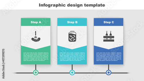 Set Pickled cucumber on a fork, cucumbers in jar and Pack of beer bottles. Business infographic template. Vector.