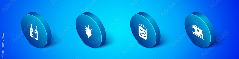 Set Isometric Bottles of wine, Pickled cucumbers a jar, Cheese and Hop icon. Vector. Set Isometric Bottles of wine, Pickled cucumbers a jar, Cheese and Hop icon. Vector.