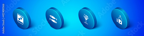 Set Isometric Glass of whiskey, Cocktail, Vodka with pepper and glass and Dried fish icon. Vector.